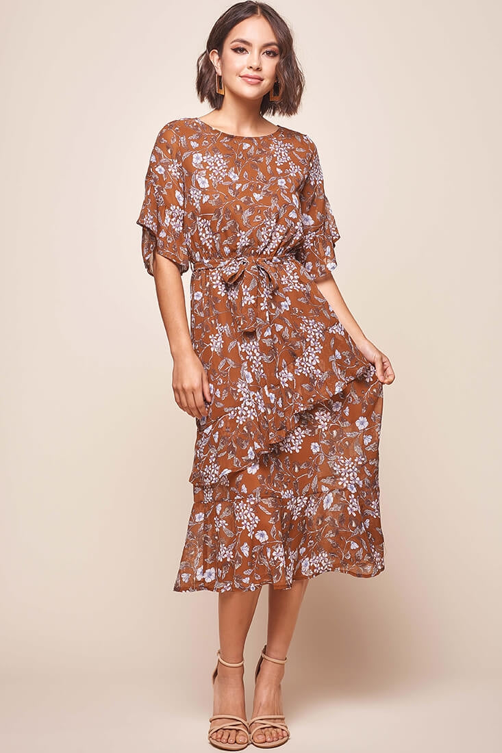 Jackson Waist Tie Ruffle Dress Rust Print