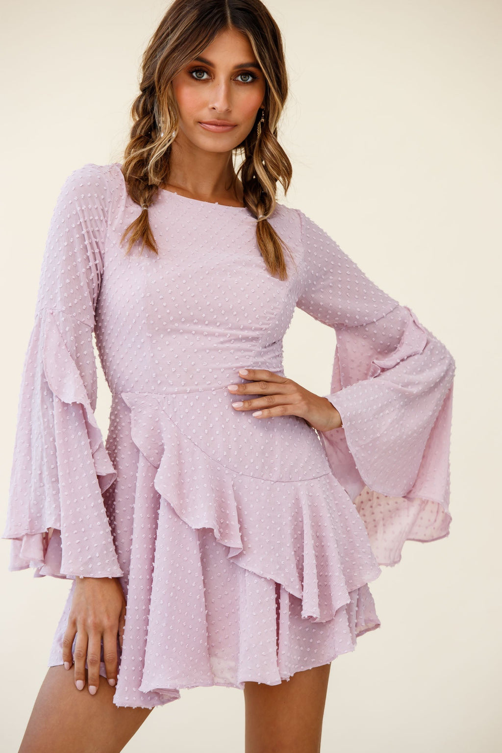 Carlini Flared Sleeve Boat Neckline Dress Blush