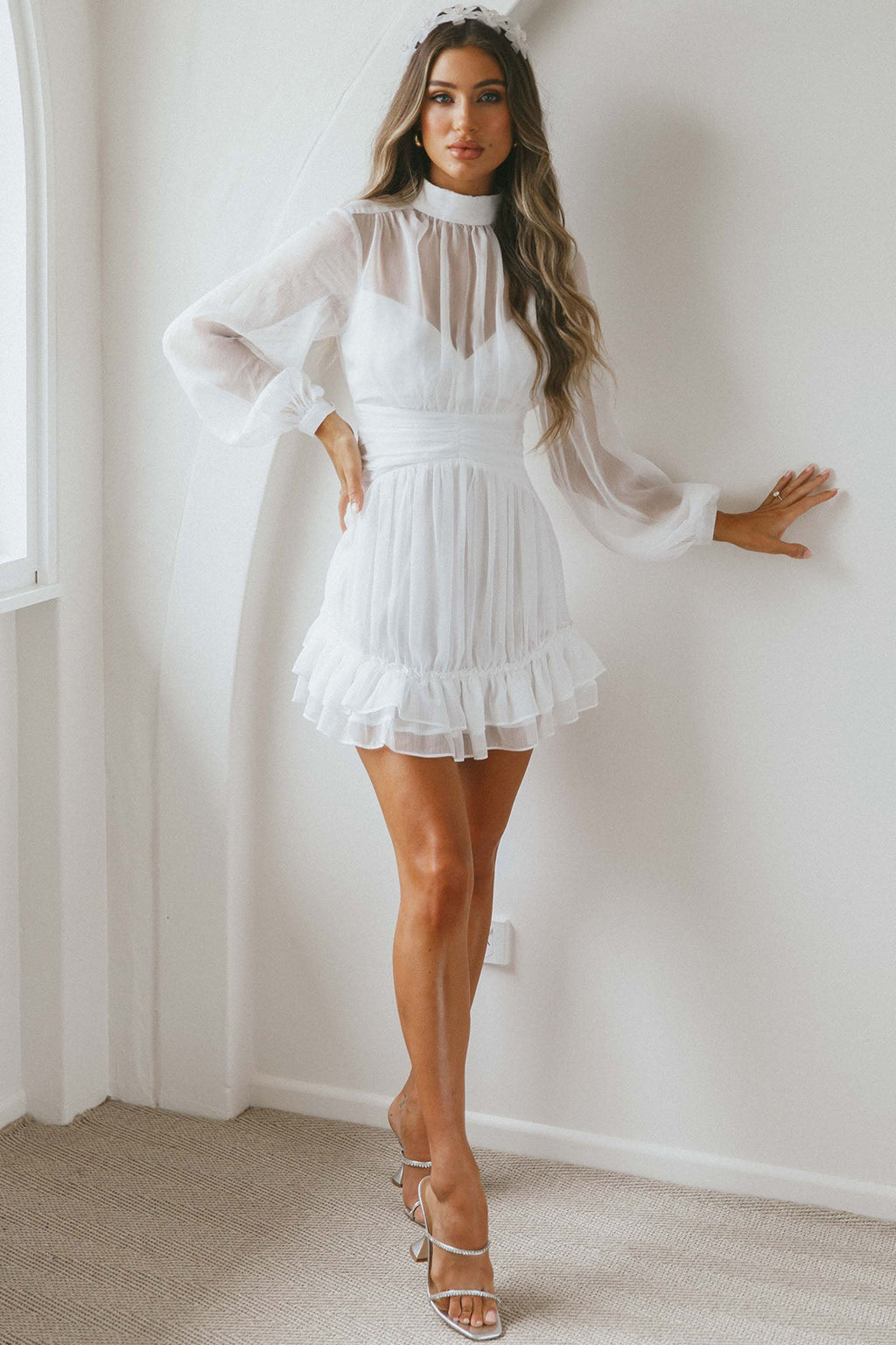 Mandalay High Neck Long Sleeve Waistband Dress White