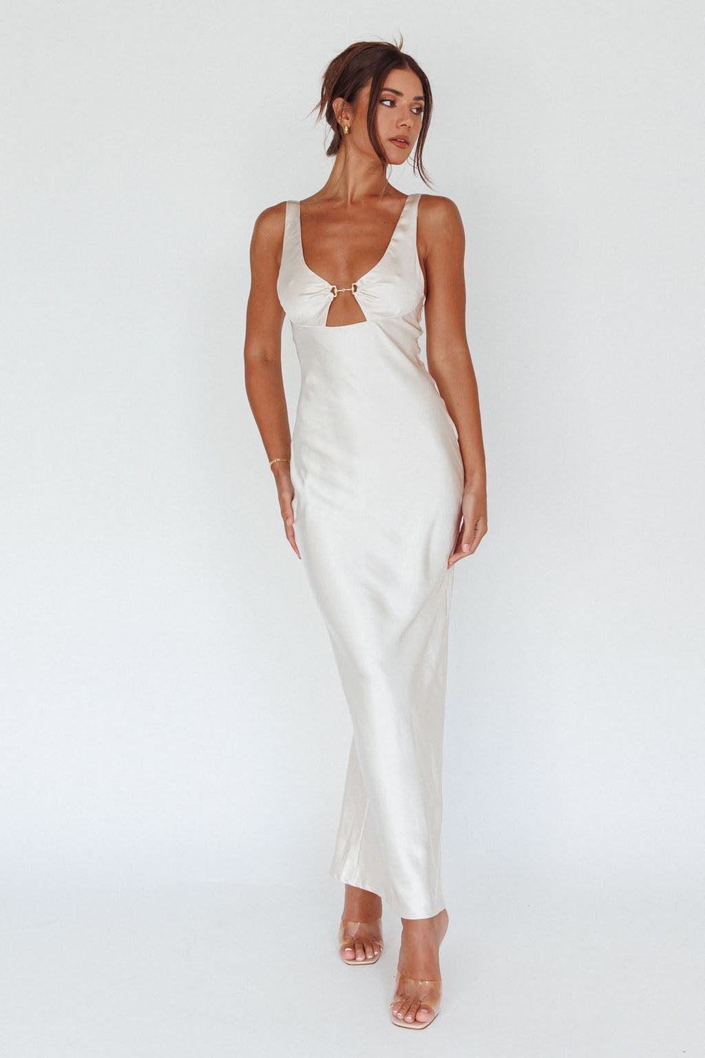 Blushing Beauty Horsebit Accent Maxi Dress Champagne