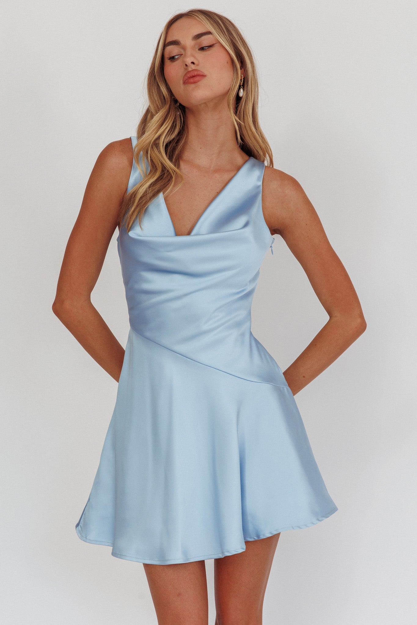 Brigid Cowl Neck Scoop Back Mini Dress Blue