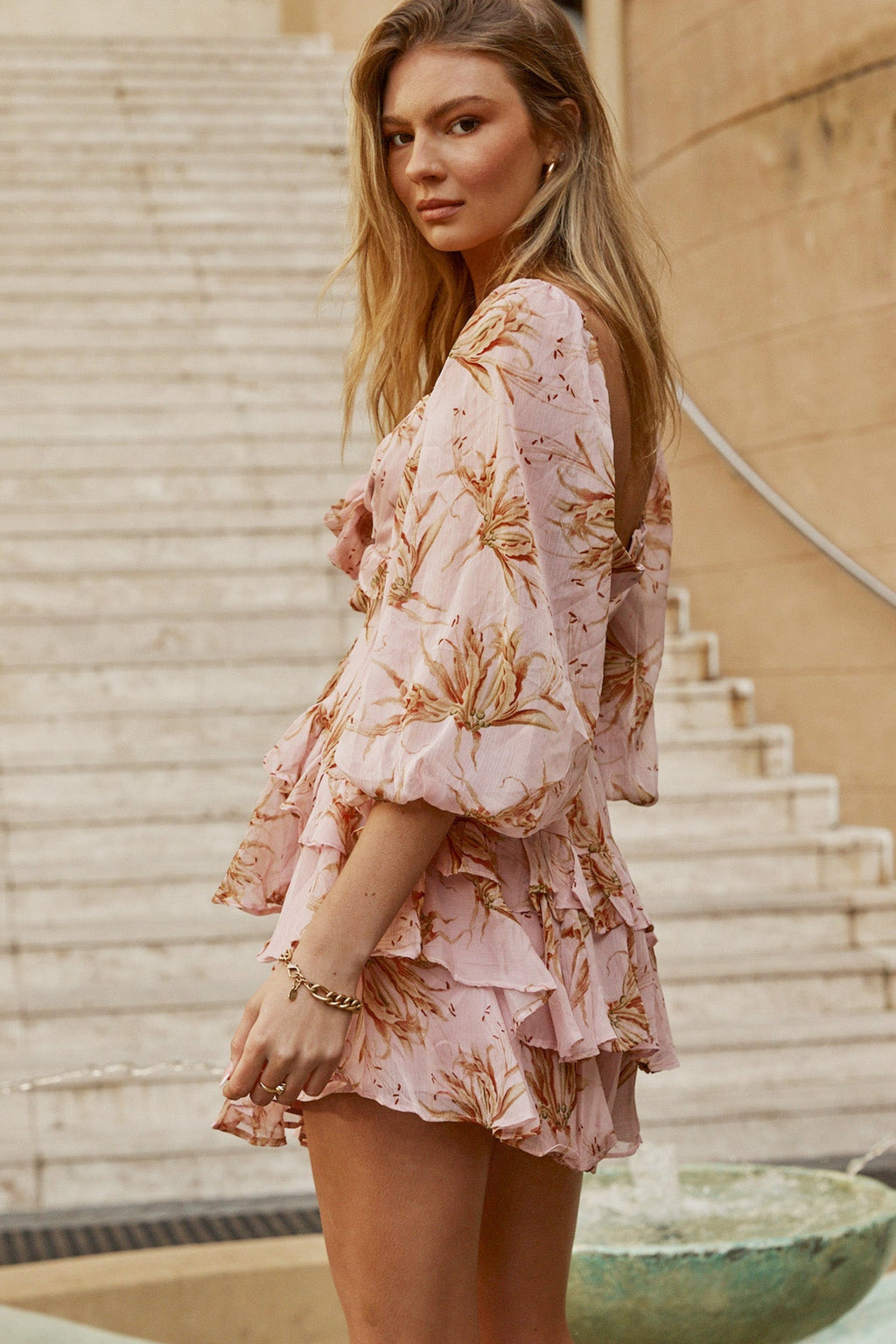 Flower Child Three Quarter Sleeve Bust Tie Ruffle Dress Lily Print Pink