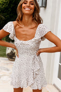 Thinkin' Bout You Ruffle Trim Waist Tie Dress Speckle Print Beige