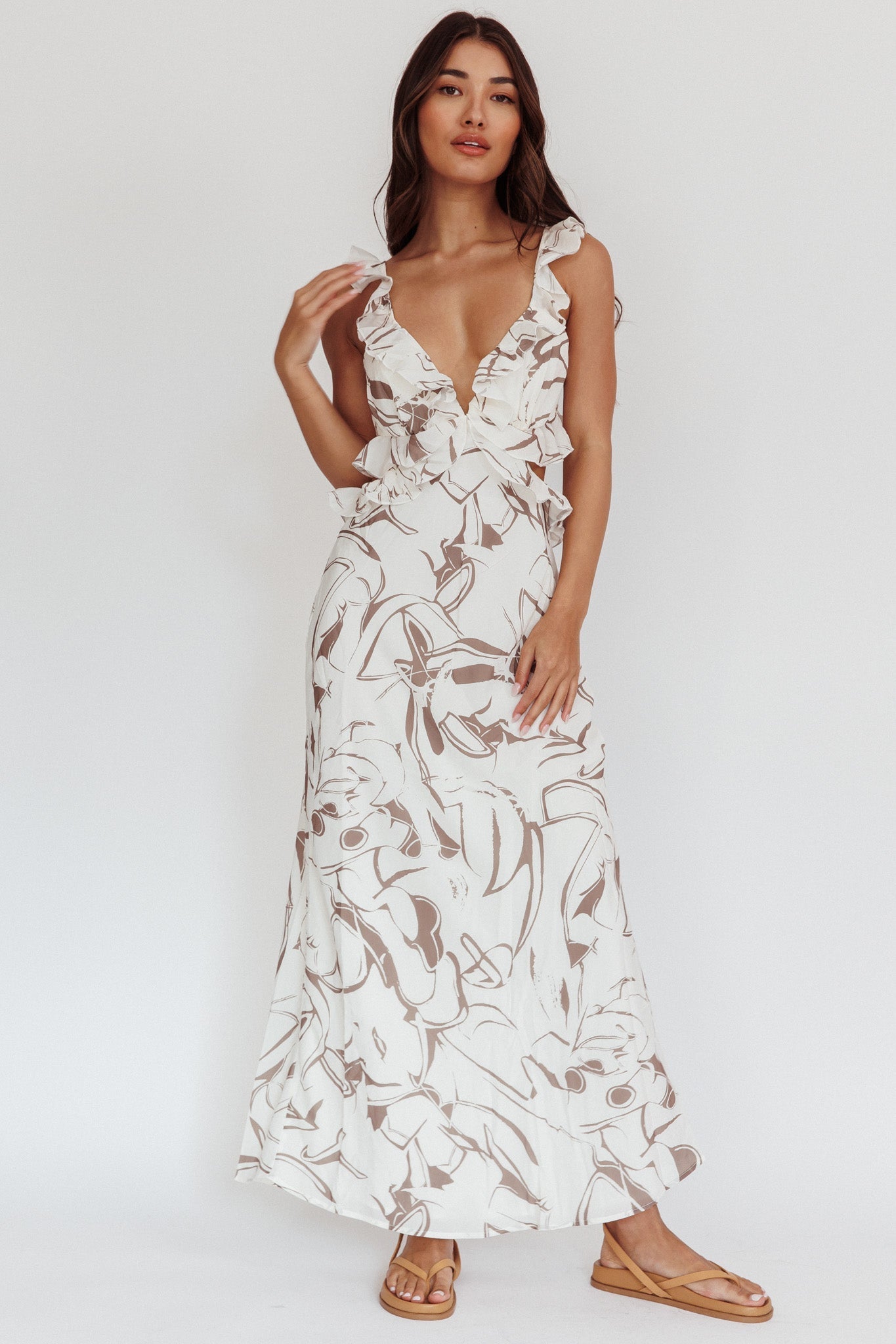 Second Chances Ruffle Trim Maxi Dress Mocha