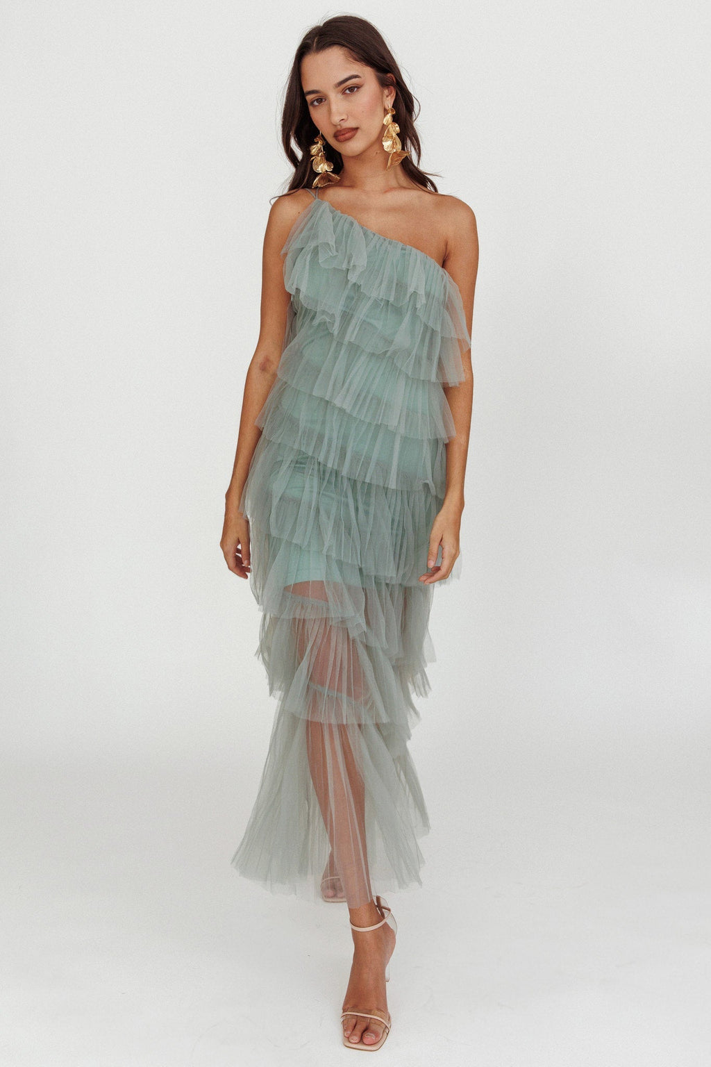 Arrabel Tiered Ruffle Tulle Maxi Dress Sage