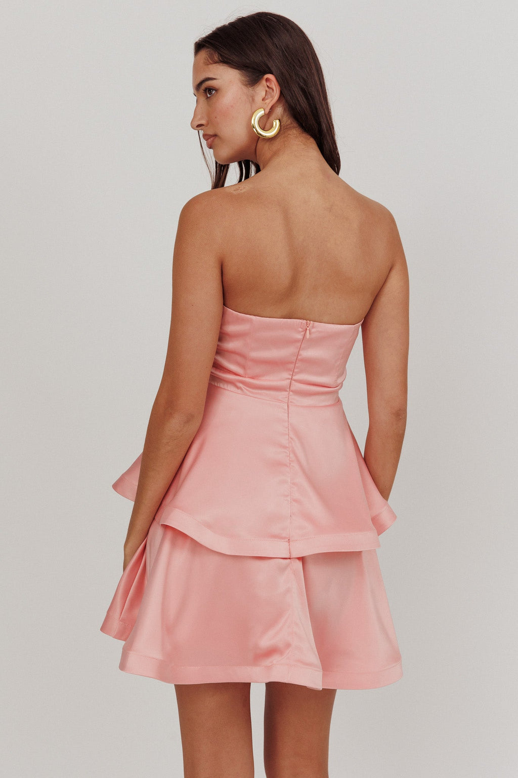 Alix Strapless Tiered Ruffle Mini Dress Rose Pink