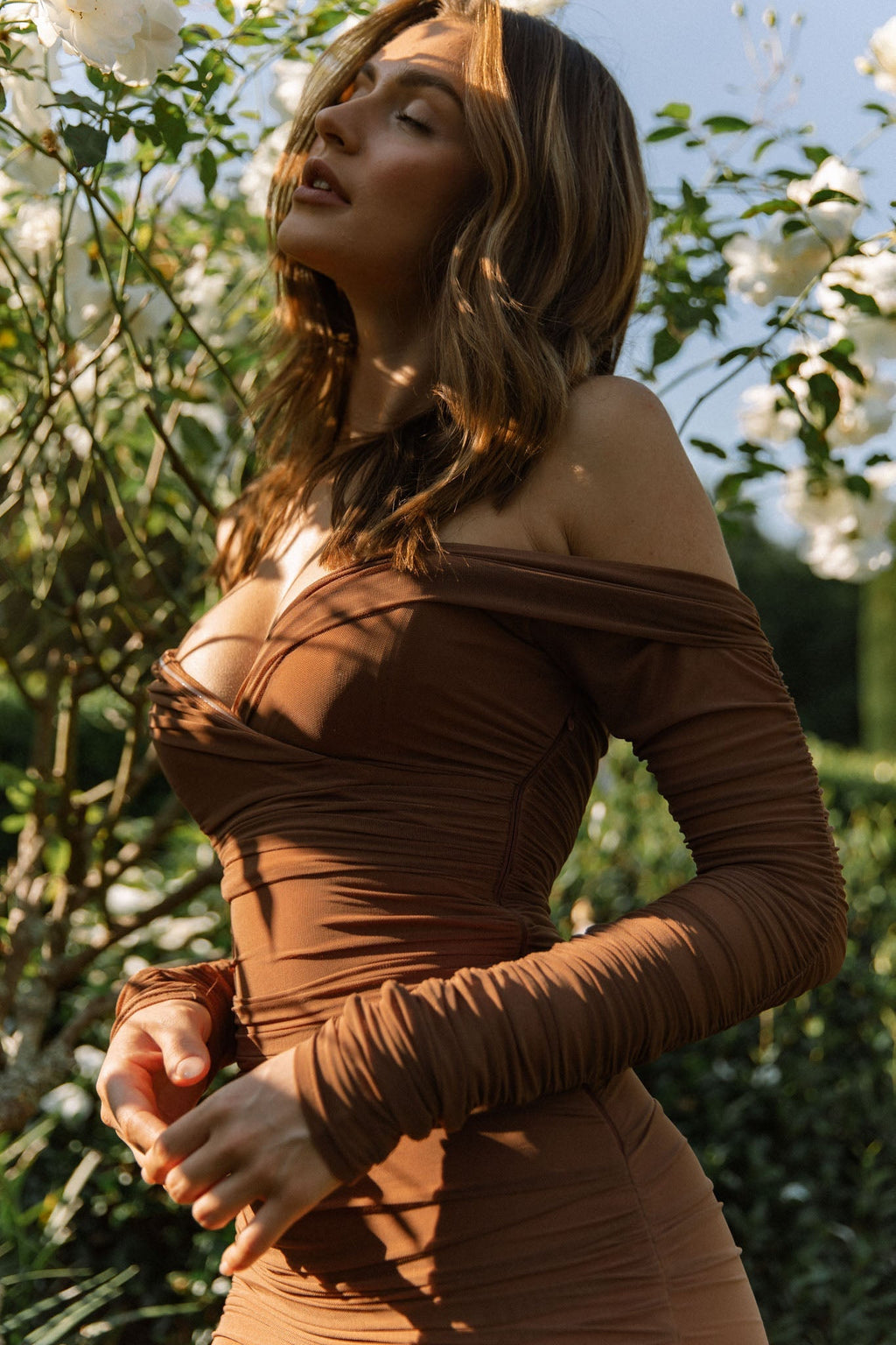 Moonrise Off-Shoulder Long Sleeve Ruched Dress Brown