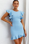 Cupid's Bow Ruffle Shoulder Bodycon Dress Baby Blue