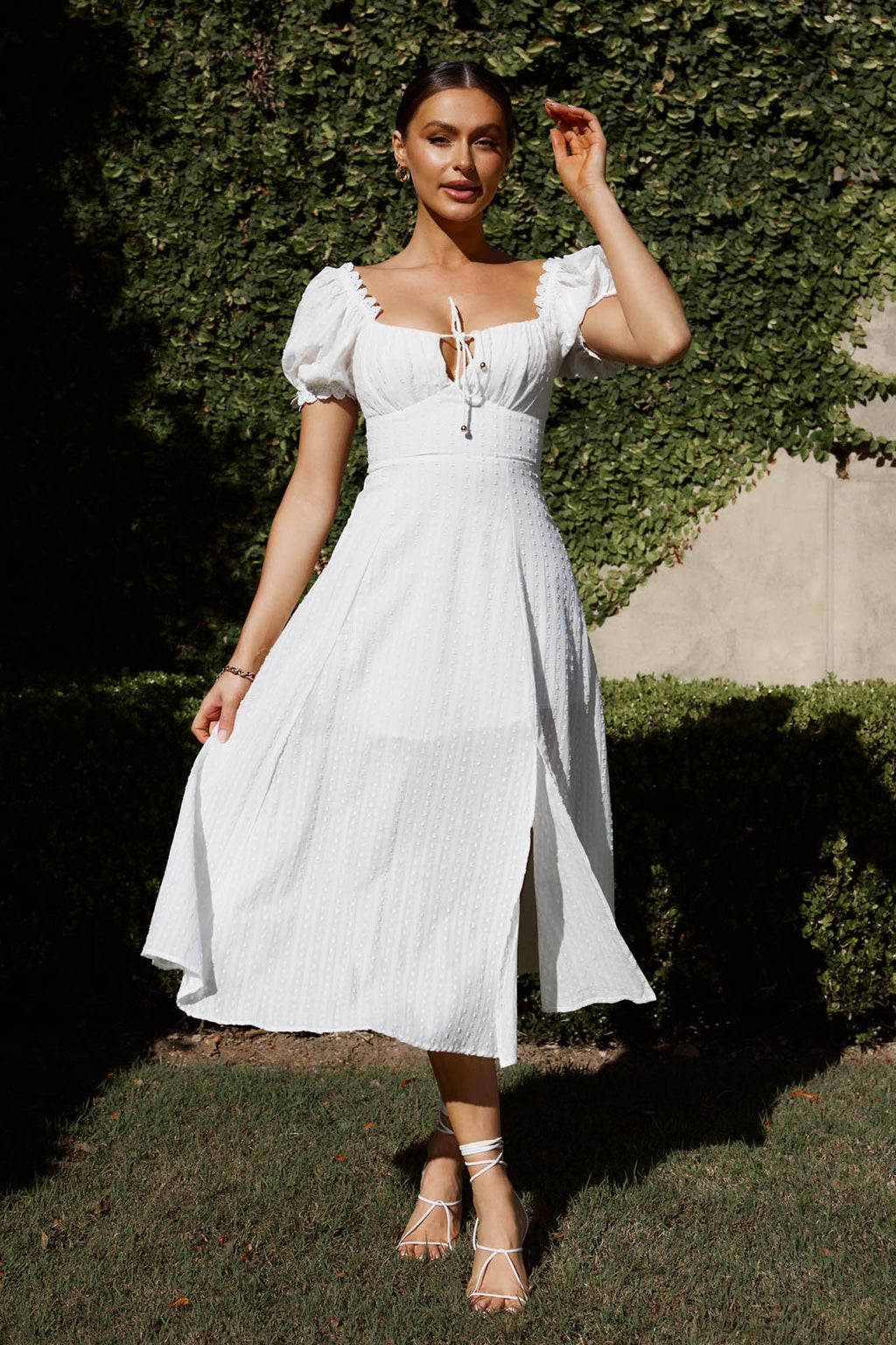 Chablis Gathered Bust Puff Sleeve Midi Dress White