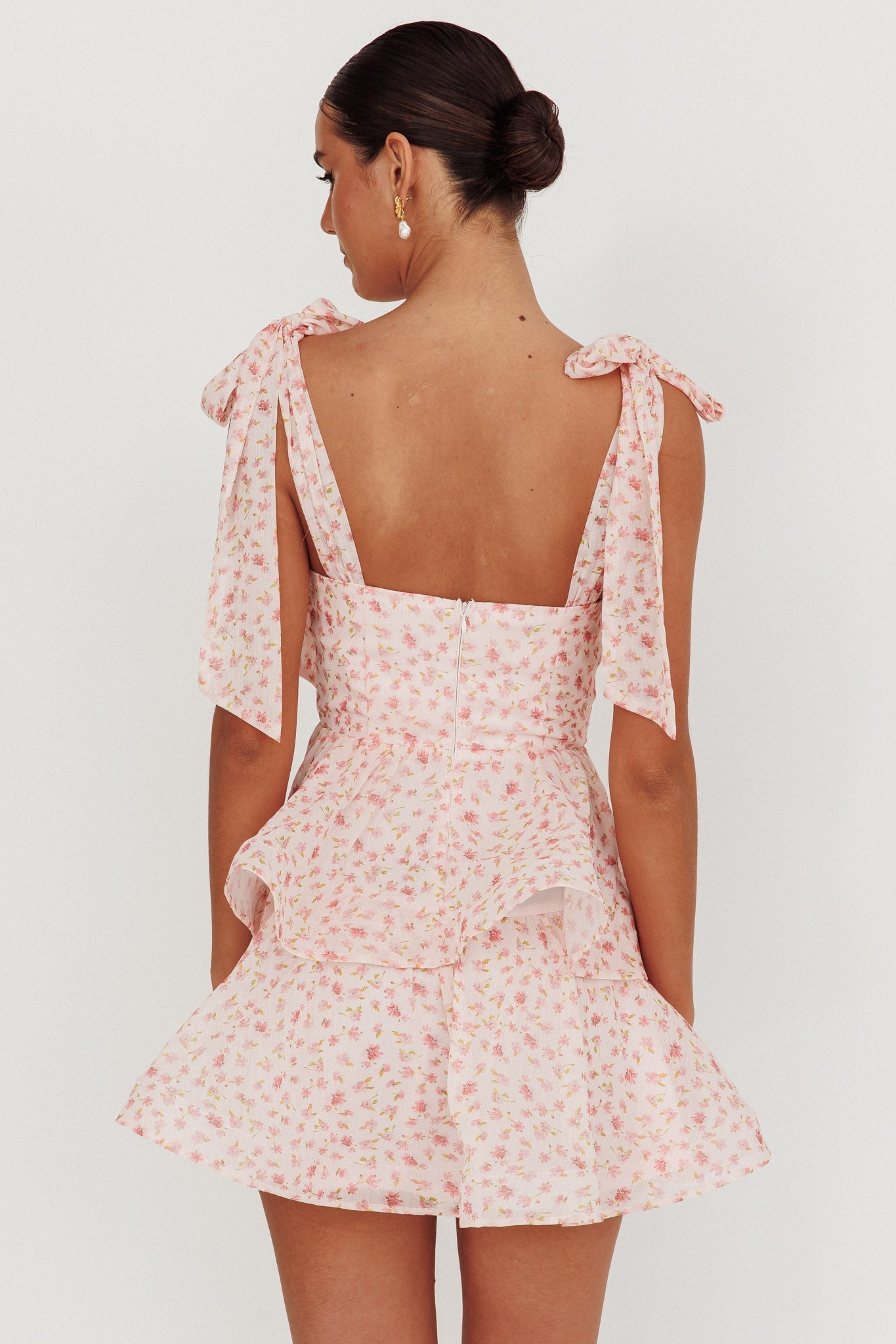 Oliana Tied Shoulder Tiered Mini Dress Peach