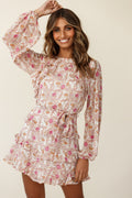 Dusk Long Sleeve Waist Tie Frill Dress Floral Print Beige